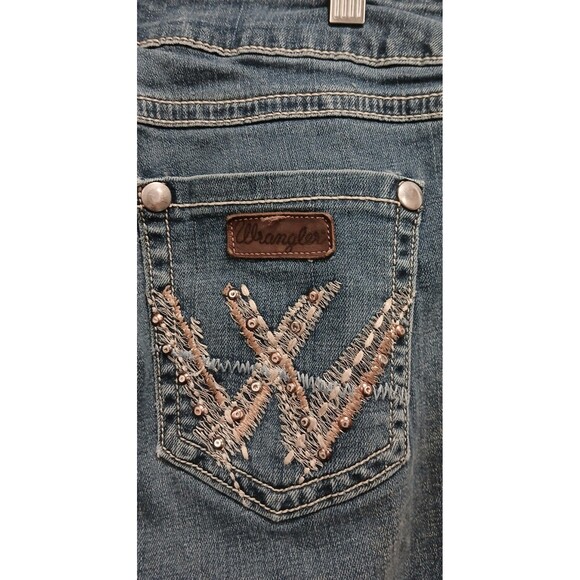 Wrangler Womens Stretch Bootcut Mid-Rise Jeans 07MWZ 9x34 Bling Embroidered Note - Picture 1 of 13